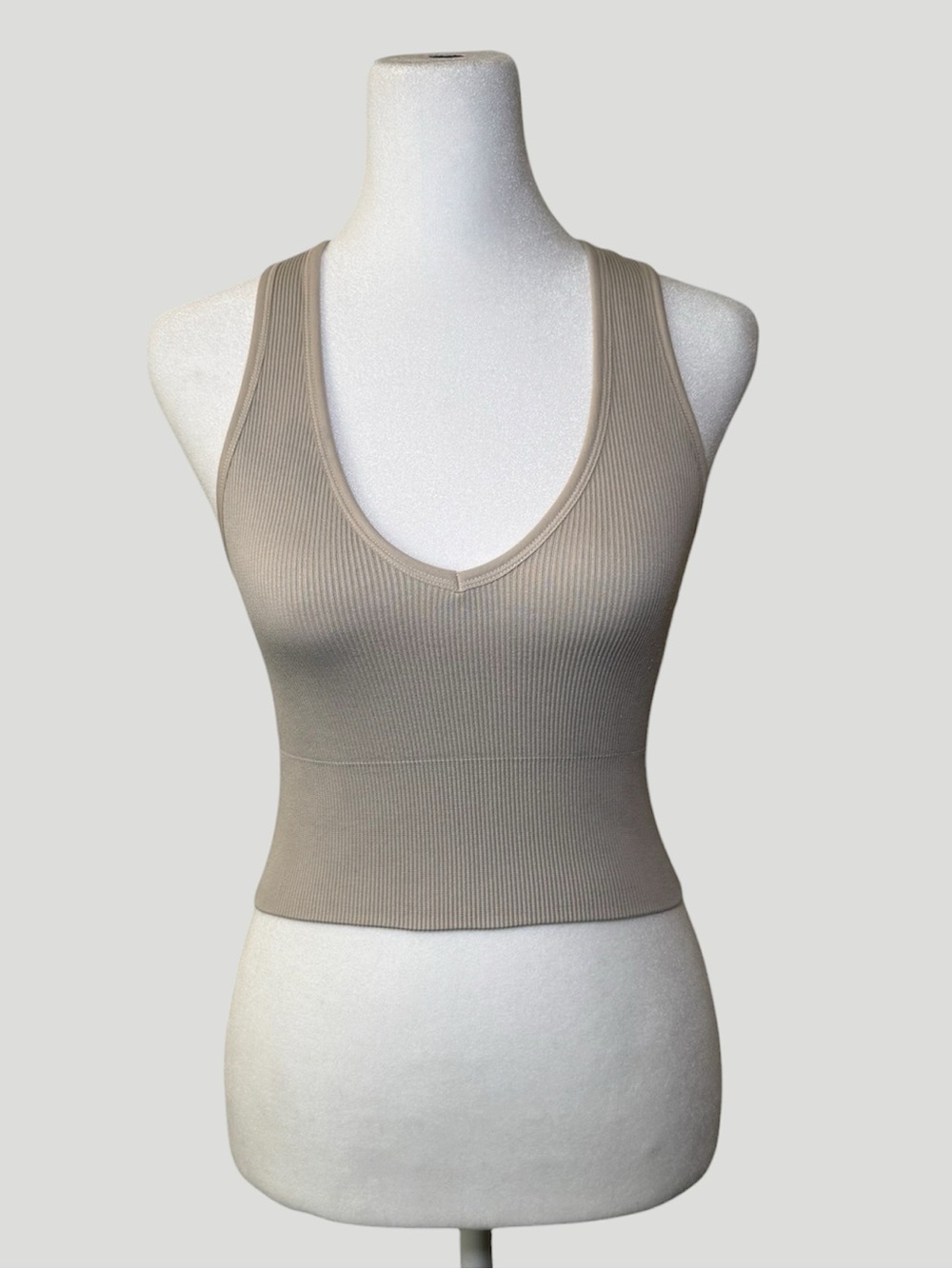 90 Degree By Reflex Beige Ribbed V-Neck Cropped Tank Top